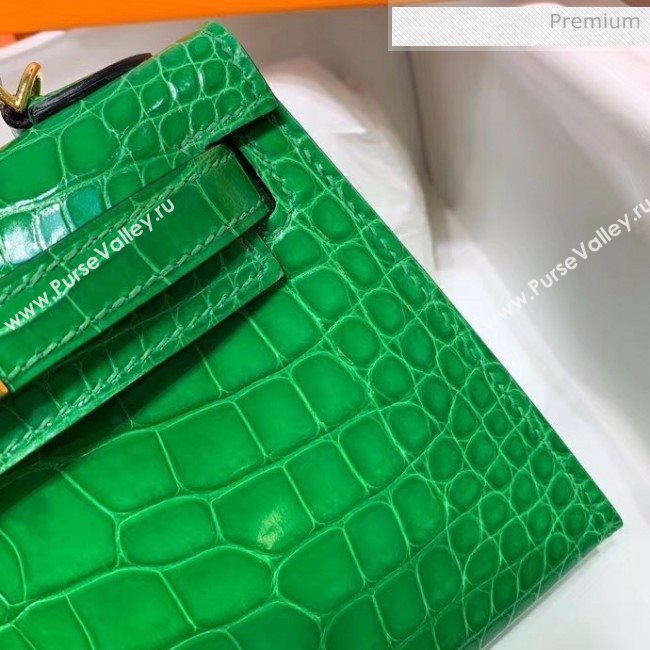 Hermes Mini Kelly II Handbag in Glossy Real Alligator Leather Bright Green (Handmade) (AQ-20042107)