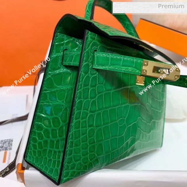 Hermes Mini Kelly II Handbag in Glossy Real Alligator Leather Bright Green (Handmade) (AQ-20042107)