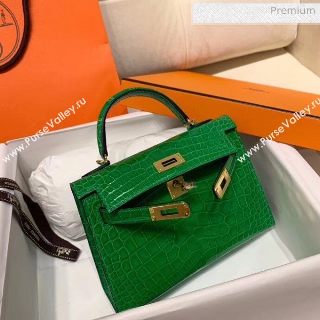 Hermes Mini Kelly II Handbag in Glossy Real Alligator Leather Bright Green (Handmade) (AQ-20042107)