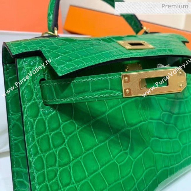 Hermes Mini Kelly II Handbag in Glossy Real Alligator Leather Bright Green (Handmade) (AQ-20042107)
