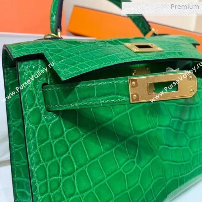 Hermes Mini Kelly II Handbag in Glossy Real Alligator Leather Bright Green (Handmade) (AQ-20042107)
