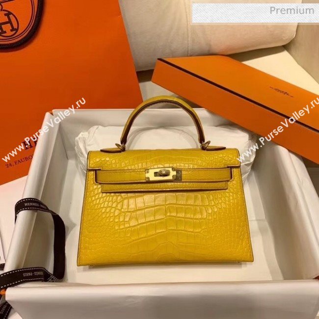 Hermes Mini Kelly II Handbag in Real Alligator Leather Yellow (Handmade) (AQ-20042114)