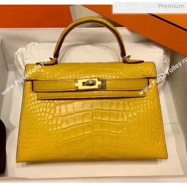 Hermes Mini Kelly II Handbag in Real Alligator Leather Yellow (Handmade) (AQ-20042114)