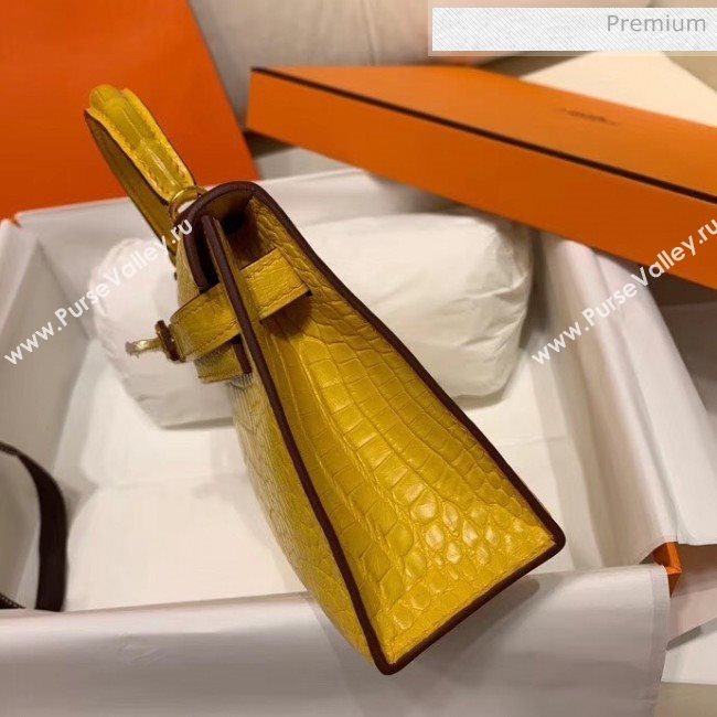 Hermes Mini Kelly II Handbag in Real Alligator Leather Yellow (Handmade) (AQ-20042114)