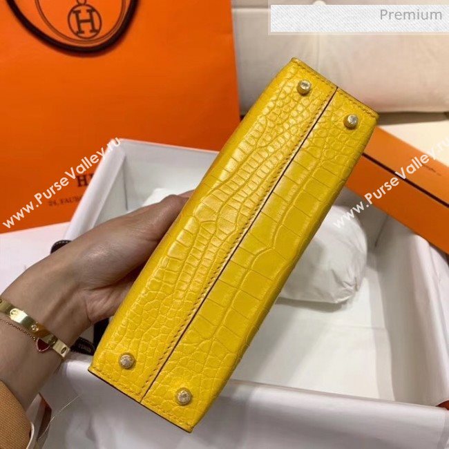 Hermes Mini Kelly II Handbag in Real Alligator Leather Yellow (Handmade) (AQ-20042114)