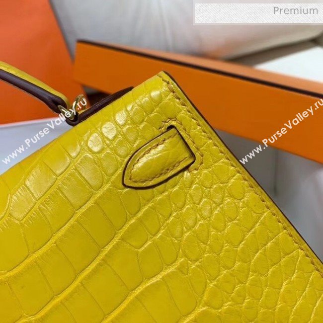 Hermes Mini Kelly II Handbag in Real Alligator Leather Yellow (Handmade) (AQ-20042114)