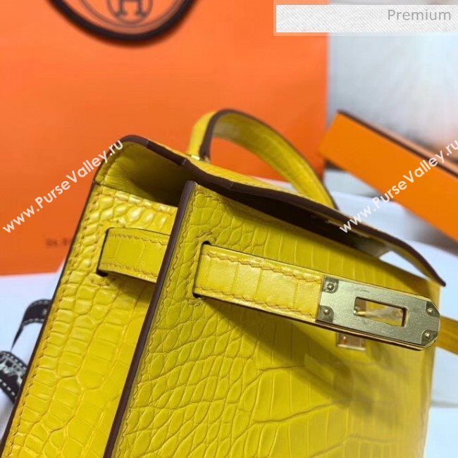 Hermes Mini Kelly II Handbag in Real Alligator Leather Yellow (Handmade) (AQ-20042114)