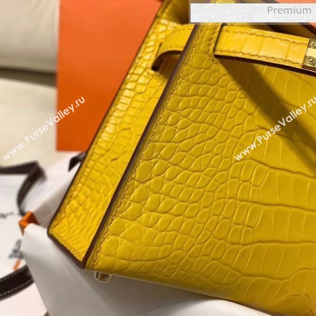 Hermes Mini Kelly II Handbag in Real Alligator Leather Yellow (Handmade) (AQ-20042114)