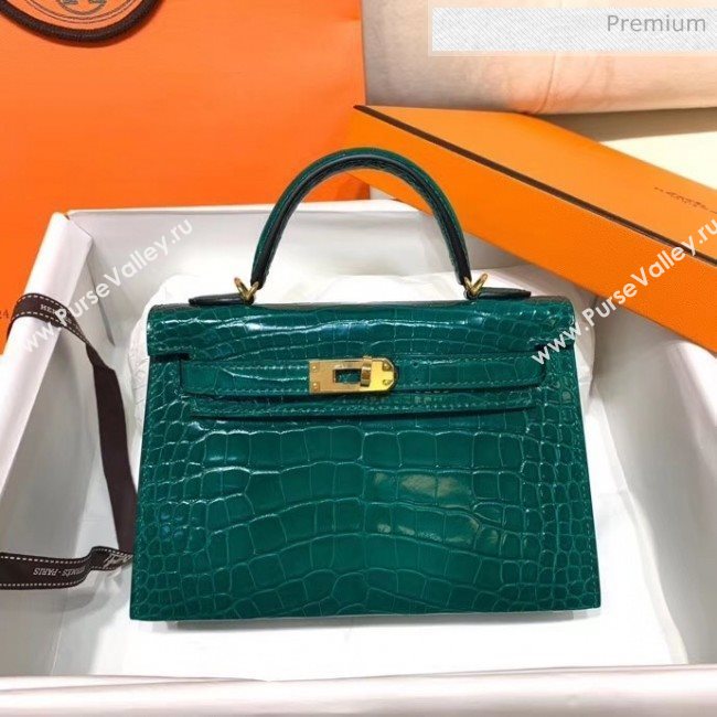 Hermes Mini Kelly II Handbag in Glossy Real Alligator Leather Cyan (Handmade) (AQ-20042108)