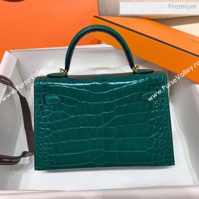 Hermes Mini Kelly II Handbag in Glossy Real Alligator Leather Cyan (Handmade) (AQ-20042108)