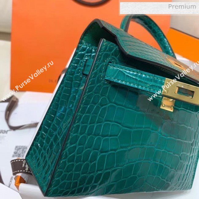 Hermes Mini Kelly II Handbag in Glossy Real Alligator Leather Cyan (Handmade) (AQ-20042108)