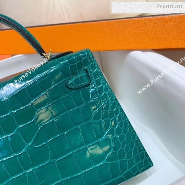 Hermes Mini Kelly II Handbag in Glossy Real Alligator Leather Cyan (Handmade) (AQ-20042108)