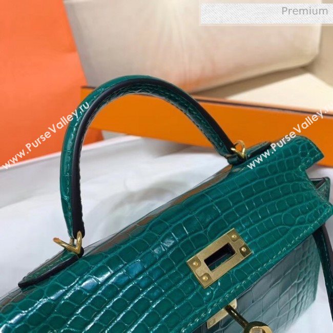 Hermes Mini Kelly II Handbag in Glossy Real Alligator Leather Cyan (Handmade) (AQ-20042108)