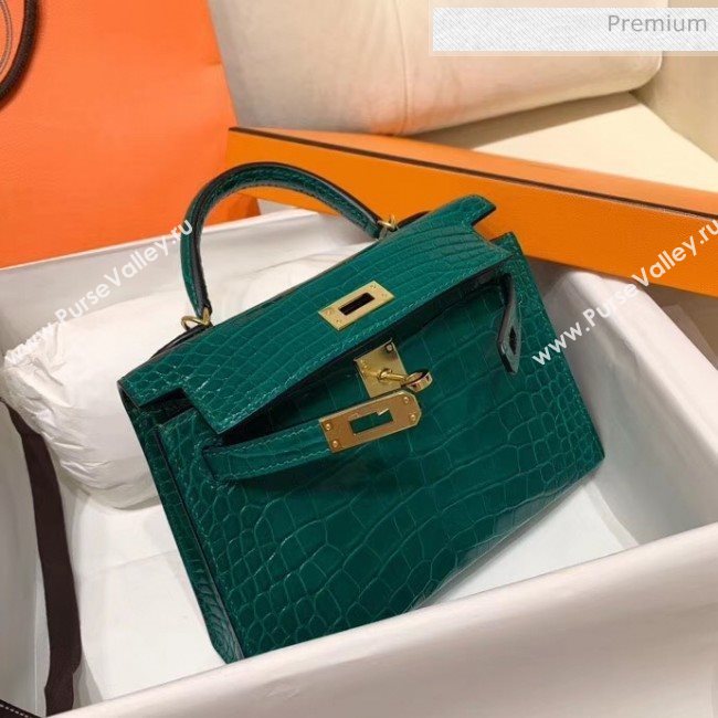 Hermes Mini Kelly II Handbag in Glossy Real Alligator Leather Cyan (Handmade) (AQ-20042108)