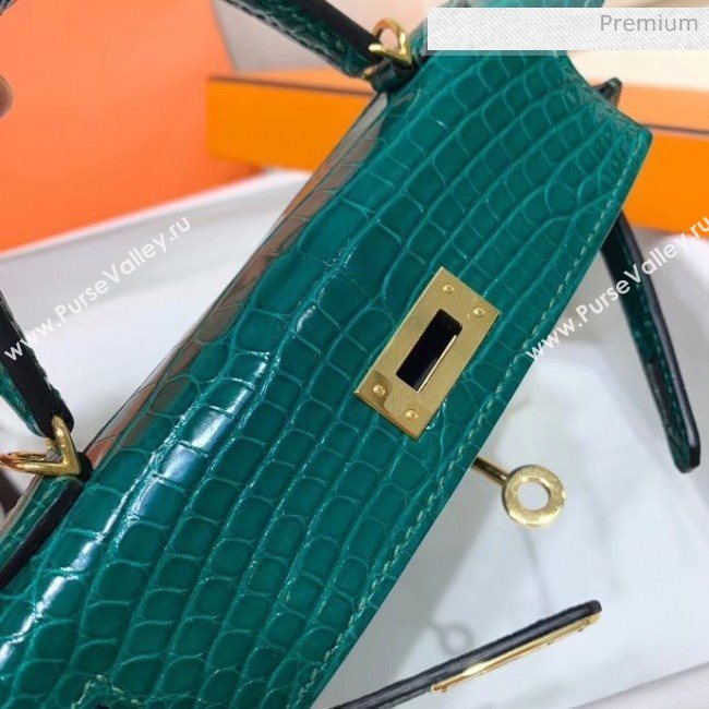 Hermes Mini Kelly II Handbag in Glossy Real Alligator Leather Cyan (Handmade) (AQ-20042108)