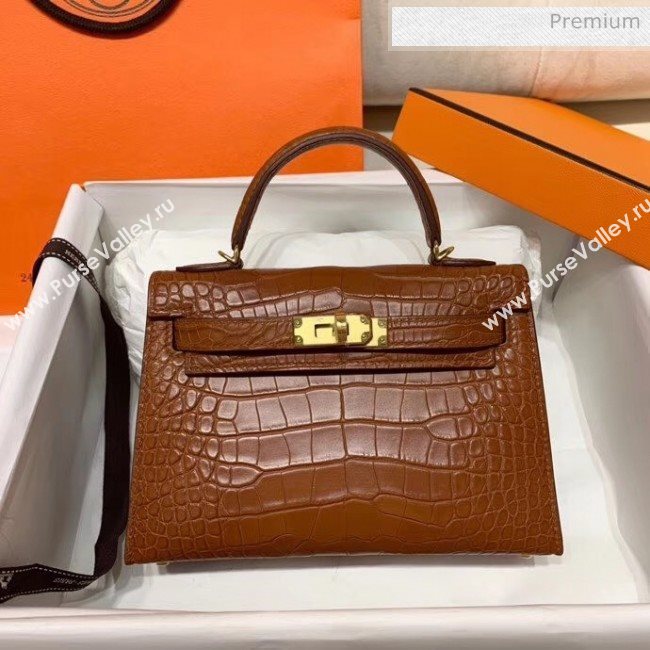 Hermes Mini Kelly II Handbag in Real Alligator Leather Brown (Handmade) (AQ-20042115)