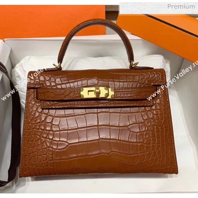 Hermes Mini Kelly II Handbag in Real Alligator Leather Brown (Handmade) (AQ-20042115)