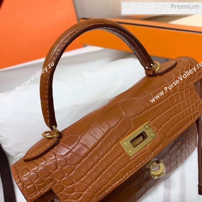 Hermes Mini Kelly II Handbag in Real Alligator Leather Brown (Handmade) (AQ-20042115)