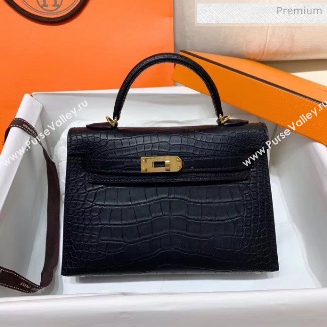 Hermes Mini Kelly II Handbag in Real Alligator Leather Black (Handmade) (AQ-20042116)