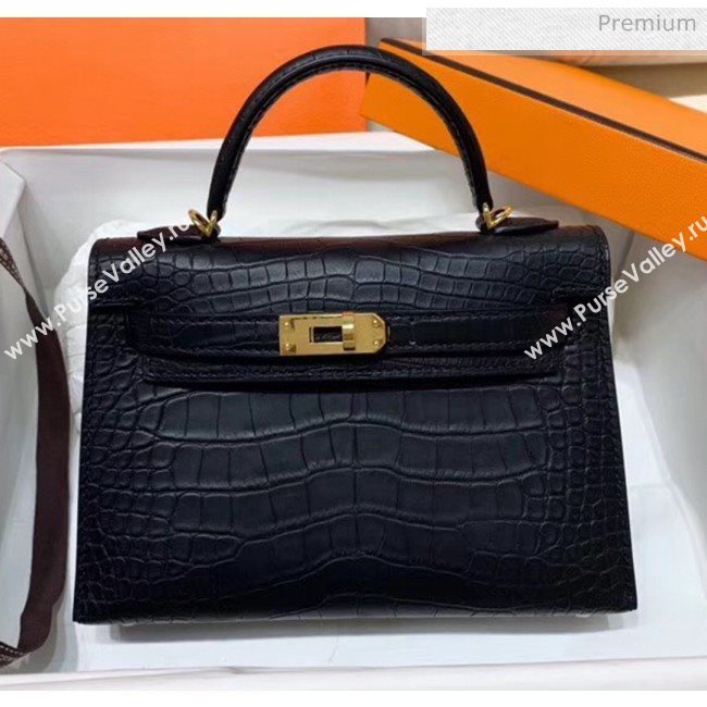 Hermes Mini Kelly II Handbag in Real Alligator Leather Black (Handmade) (AQ-20042116)