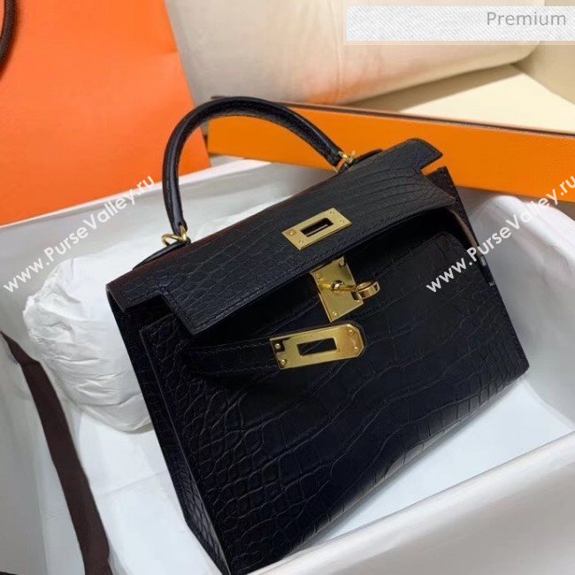 Hermes Mini Kelly II Handbag in Real Alligator Leather Black (Handmade) (AQ-20042116)