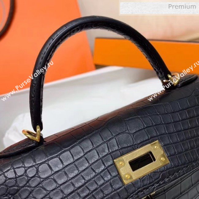 Hermes Mini Kelly II Handbag in Real Alligator Leather Black (Handmade) (AQ-20042116)