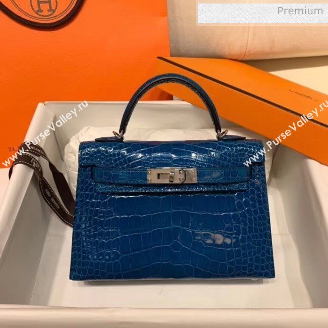 Hermes Mini Kelly II Handbag in Glossy Real Alligator Leather Blue (Handmade) (AQH-20042101)