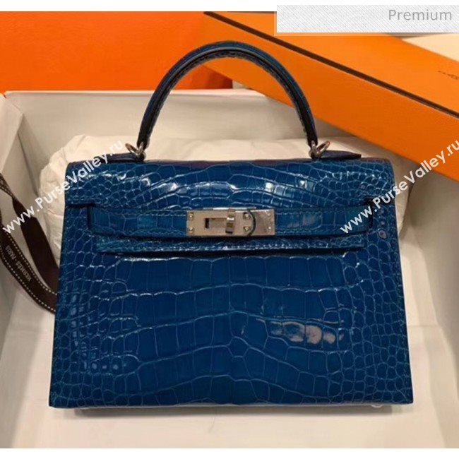 Hermes Mini Kelly II Handbag in Glossy Real Alligator Leather Blue (Handmade) (AQH-20042101)