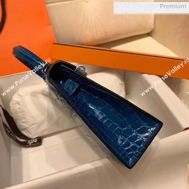 Hermes Mini Kelly II Handbag in Glossy Real Alligator Leather Blue (Handmade) (AQH-20042101)