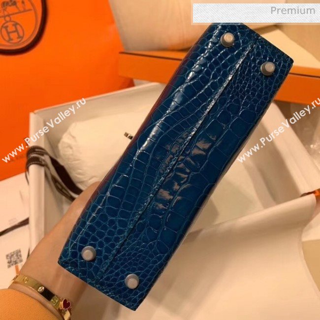 Hermes Mini Kelly II Handbag in Glossy Real Alligator Leather Blue (Handmade) (AQH-20042101)