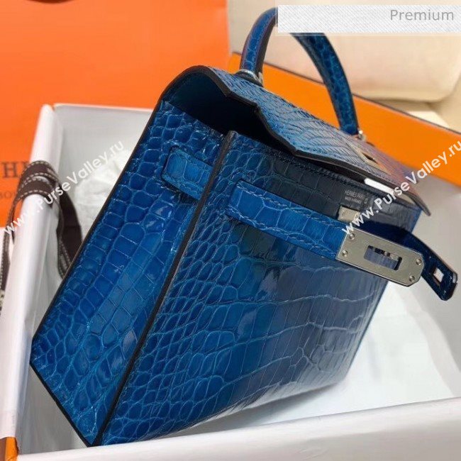 Hermes Mini Kelly II Handbag in Glossy Real Alligator Leather Blue (Handmade) (AQH-20042101)