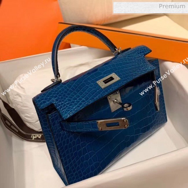 Hermes Mini Kelly II Handbag in Glossy Real Alligator Leather Blue (Handmade) (AQH-20042101)