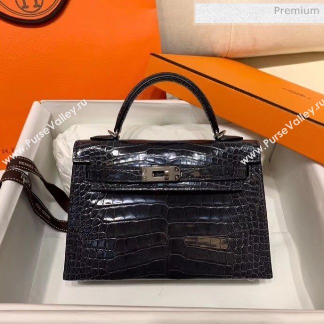 Hermes Mini Kelly II Handbag in Glossy Real Alligator Leather Deep Grey (Handmade) (AQ-20042102)