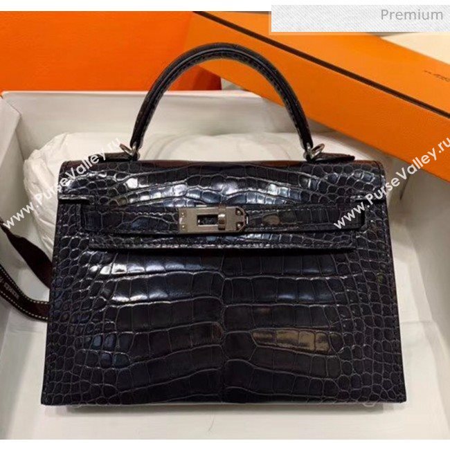 Hermes Mini Kelly II Handbag in Glossy Real Alligator Leather Deep Grey (Handmade) (AQ-20042102)