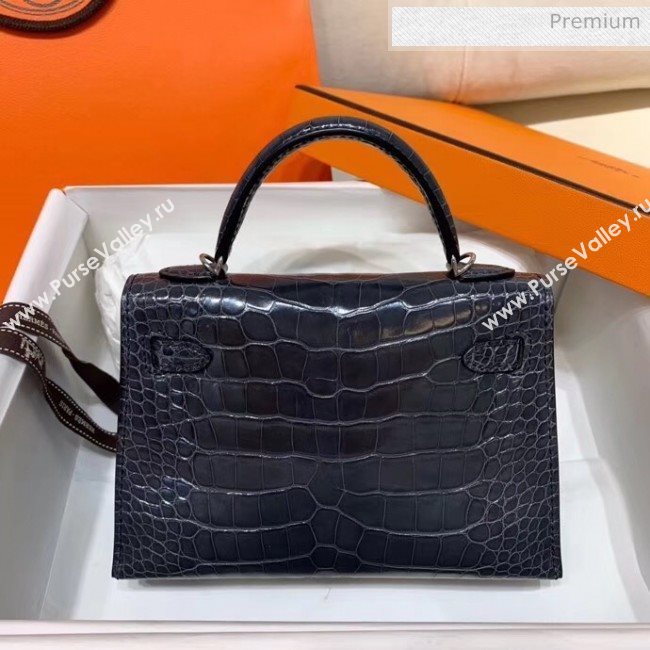 Hermes Mini Kelly II Handbag in Glossy Real Alligator Leather Deep Grey (Handmade) (AQ-20042102)