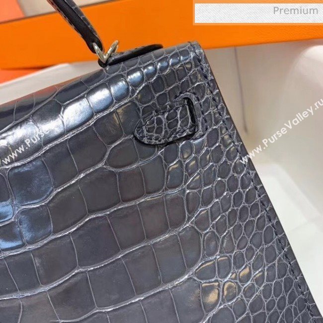 Hermes Mini Kelly II Handbag in Glossy Real Alligator Leather Deep Grey (Handmade) (AQ-20042102)