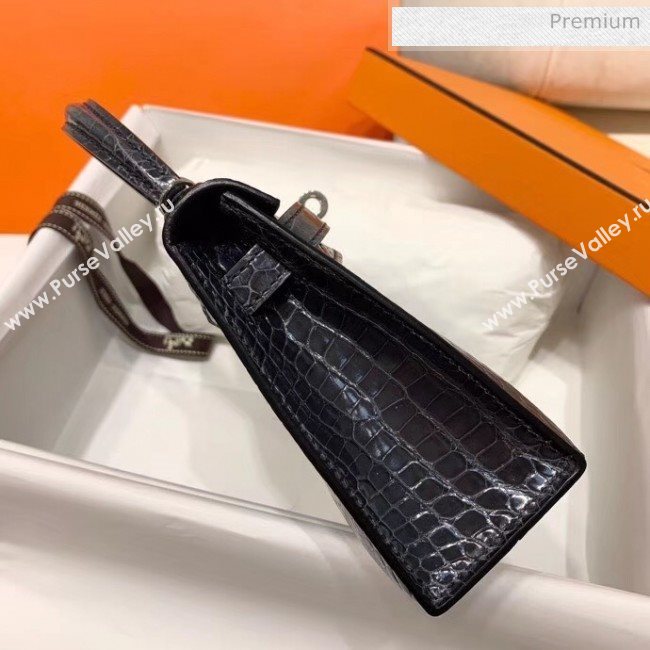 Hermes Mini Kelly II Handbag in Glossy Real Alligator Leather Deep Grey (Handmade) (AQ-20042102)