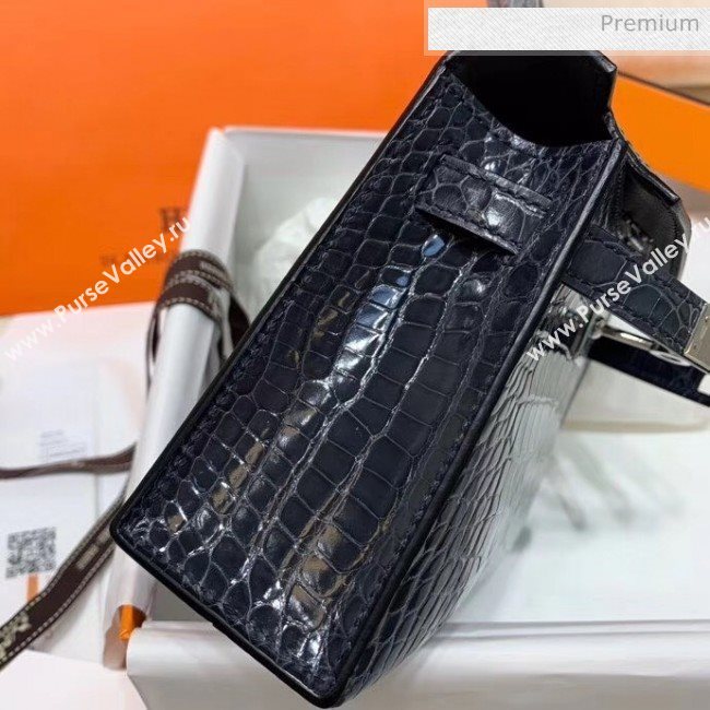 Hermes Mini Kelly II Handbag in Glossy Real Alligator Leather Deep Grey (Handmade) (AQ-20042102)