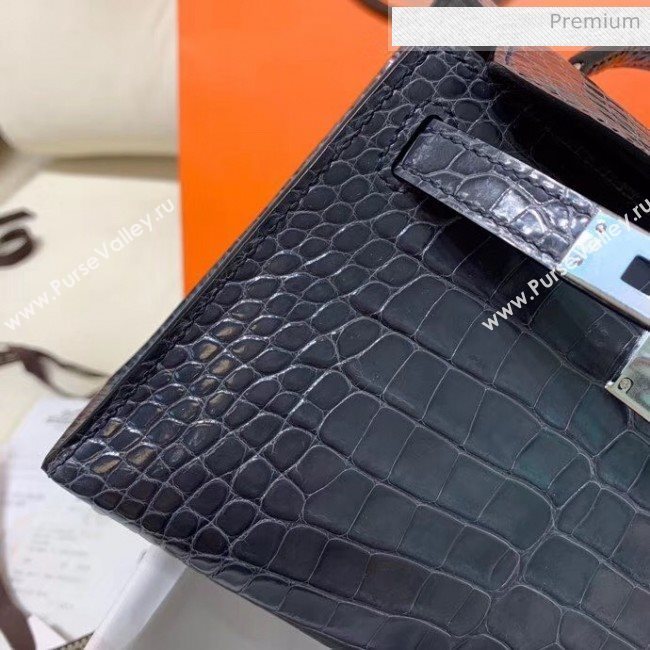 Hermes Mini Kelly II Handbag in Glossy Real Alligator Leather Deep Grey (Handmade) (AQ-20042102)