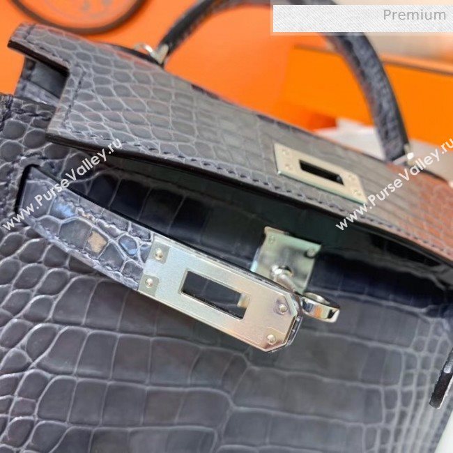 Hermes Mini Kelly II Handbag in Glossy Real Alligator Leather Deep Grey (Handmade) (AQ-20042102)