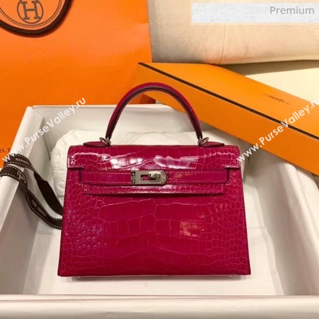Hermes Mini Kelly II Handbag in Glossy Real Alligator Leather Rosy (Handmade) (AQ-20042104)