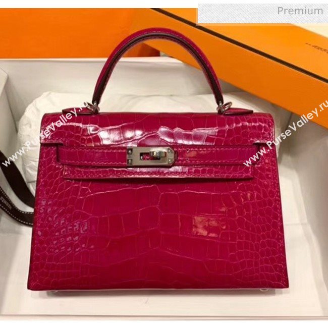 Hermes Mini Kelly II Handbag in Glossy Real Alligator Leather Rosy (Handmade) (AQ-20042104)