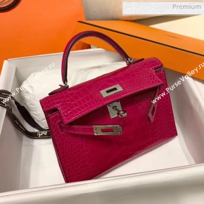 Hermes Mini Kelly II Handbag in Glossy Real Alligator Leather Rosy (Handmade) (AQ-20042104)