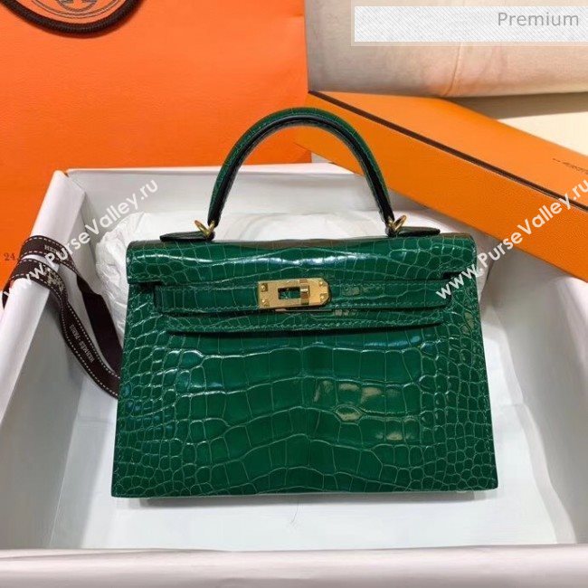 Hermes Mini Kelly II Handbag in Glossy Real Alligator Leather Green (Handmade) (AQ-20042106)