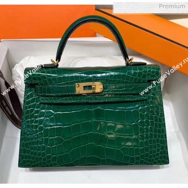 Hermes Mini Kelly II Handbag in Glossy Real Alligator Leather Green (Handmade) (AQ-20042106)