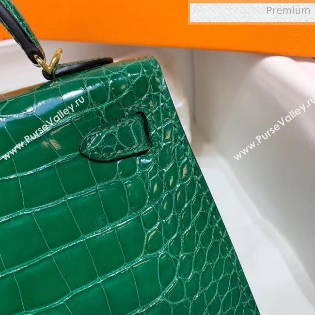 Hermes Mini Kelly II Handbag in Glossy Real Alligator Leather Green (Handmade) (AQ-20042106)