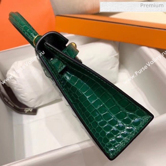 Hermes Mini Kelly II Handbag in Glossy Real Alligator Leather Green (Handmade) (AQ-20042106)