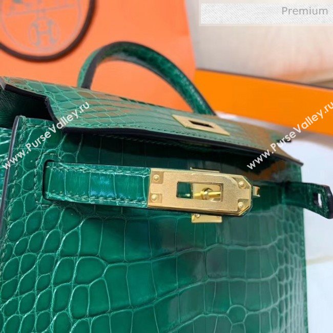 Hermes Mini Kelly II Handbag in Glossy Real Alligator Leather Green (Handmade) (AQ-20042106)