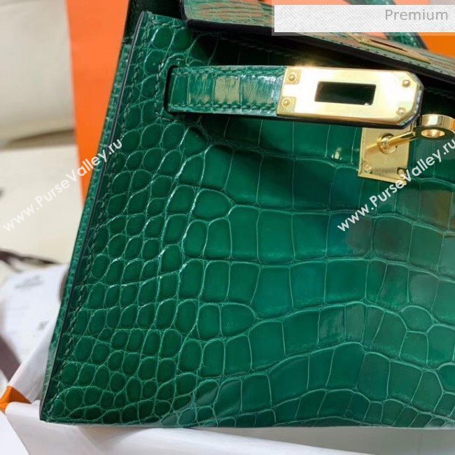 Hermes Mini Kelly II Handbag in Glossy Real Alligator Leather Green (Handmade) (AQ-20042106)