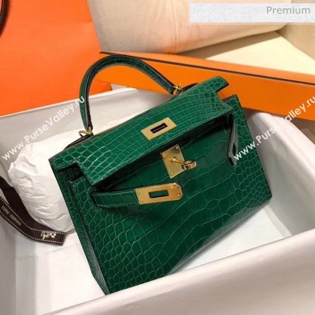 Hermes Mini Kelly II Handbag in Glossy Real Alligator Leather Green (Handmade) (AQ-20042106)